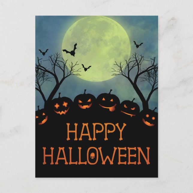 Happy Halloween Scary Pumpkins Bats Postcard (Front)