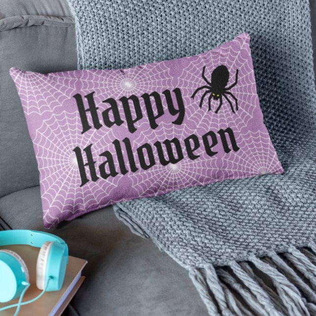 Happy Halloween Scary Purple with Black Spider Lumbar Cushion (Creator Uploaded)