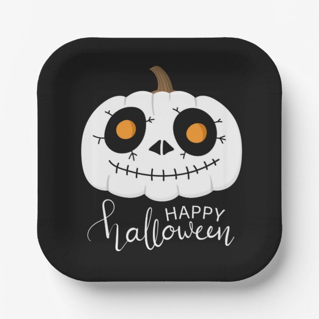 Happy Halloween Script Cute Pumpkin Paper Plate (Front)