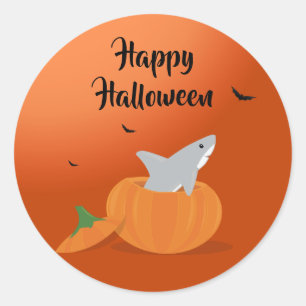 Happy Halloween Shark Pumpkin Bats Orange Classic Round Sticker