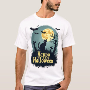 Happy Halloween Shirt with Cat in Graveyard - Grun