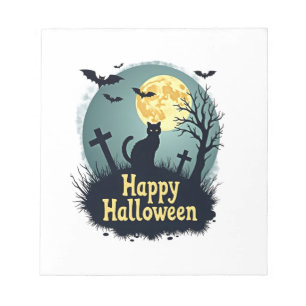 Happy Halloween Shirt with Cat in Graveyard - Grun Notepad