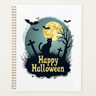 Happy Halloween Shirt with Cat in Graveyard - Grun Planner