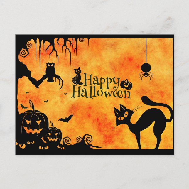 Happy Halloween Silhouette Black Cat and Friends Postcard (Front)