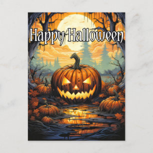 Happy Halloween Sinister Glowing Pumpkin In Autumn Postcard