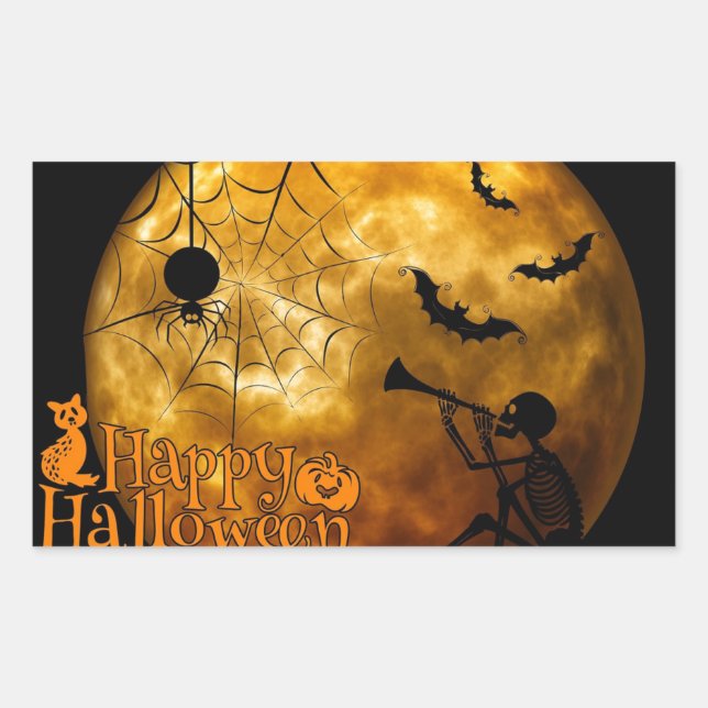 Happy Halloween Skeleton and Spider Rectangular Sticker (Front)