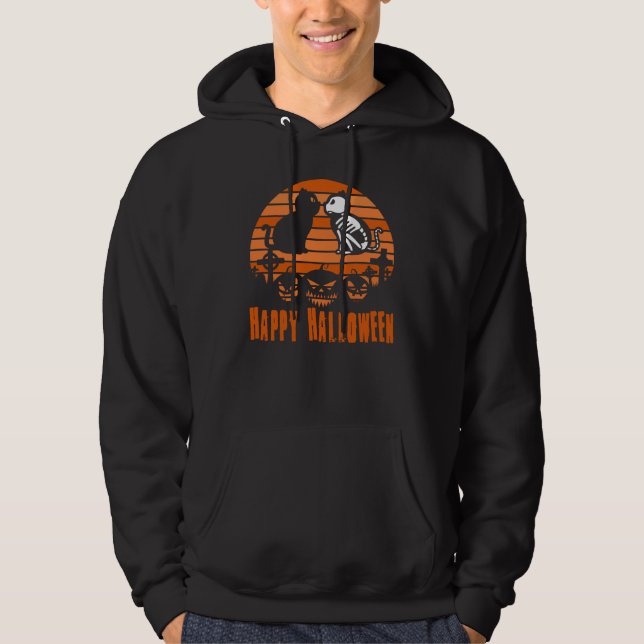 Happy Halloween Skeleton Cat Retro Sunset Hoodie (Front)