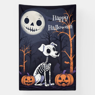 Happy Halloween Skeleton Dog, Pumpkins and Moon Banner