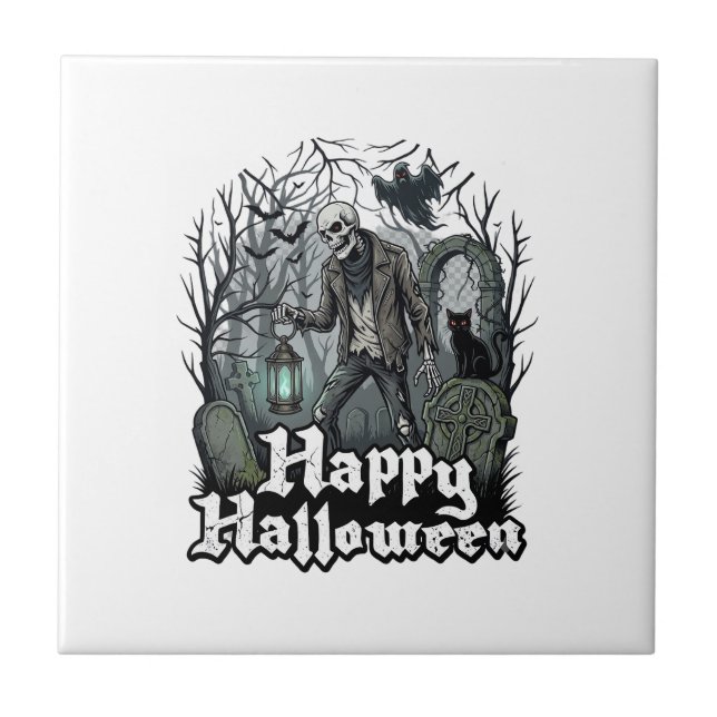Happy Halloween Skeleton Lantern Black Cat Graveya Ceramic Tile (Front)