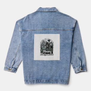 Happy Halloween Skeleton Lantern Black Cat Graveya Denim Jacket