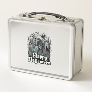 Happy Halloween Skeleton Lantern Black Cat Graveya Metal Lunch Box