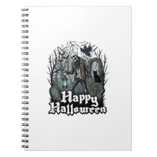 Happy Halloween Skeleton Lantern Black Cat Graveya Notebook