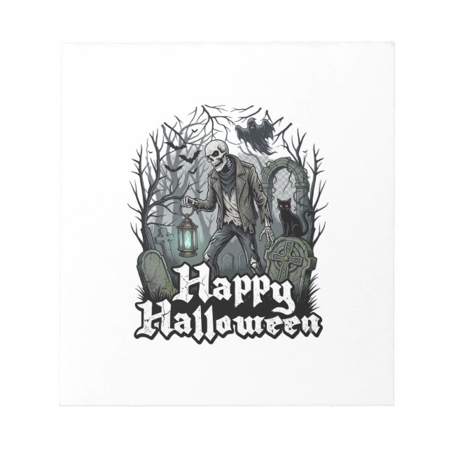 Happy Halloween Skeleton Lantern Black Cat Graveya Notepad (Front)