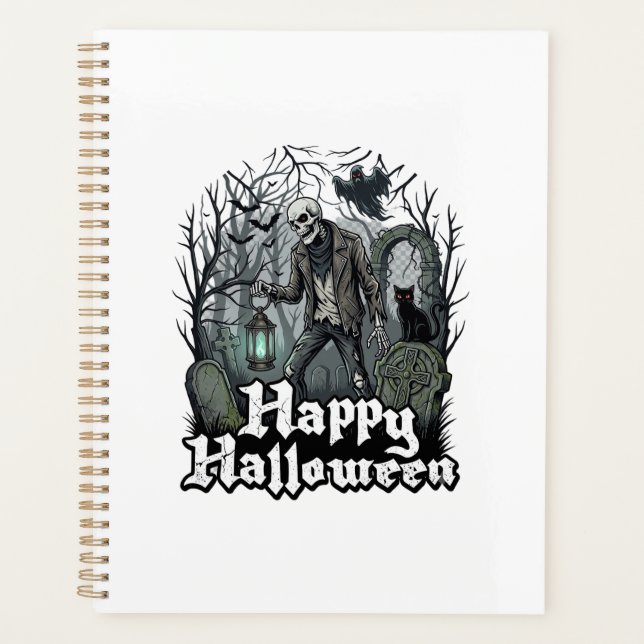 Happy Halloween Skeleton Lantern Black Cat Graveya Planner (Front)