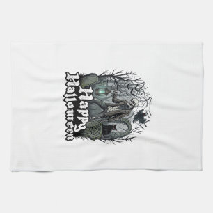 Happy Halloween Skeleton Lantern Black Cat Graveya Tea Towel