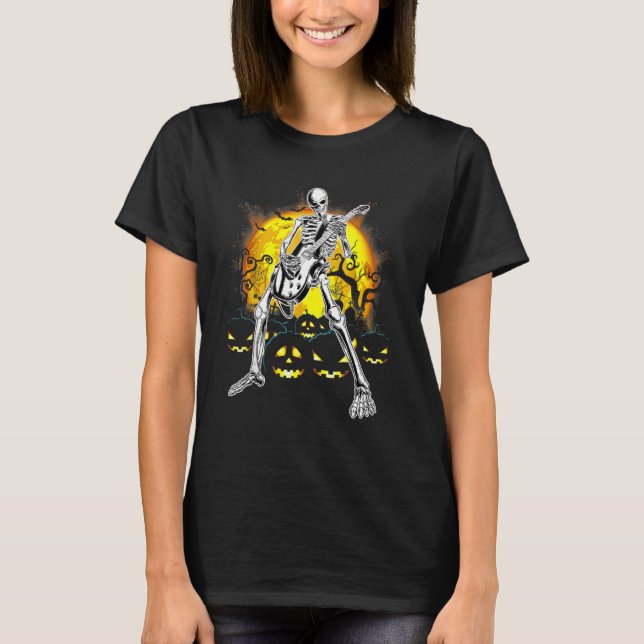 Happy Halloween  Skeleton Playing Guitar Pumpkin V T-Shirt (Front)