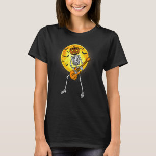 Happy Halloween Skeleton Playing Guitar Pumpkin V T-Shirt