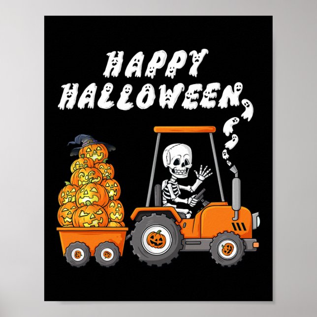 Happy Halloween Skeleton Riding Tractor Boys Kids  Poster (Front)
