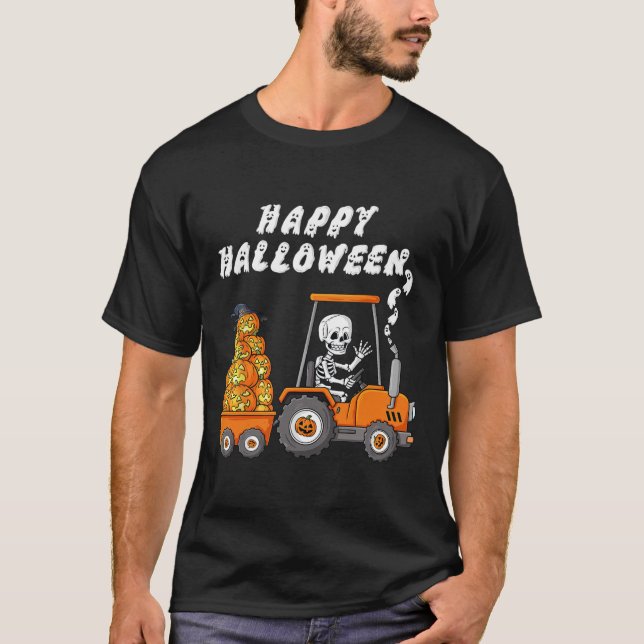 Happy Halloween Skeleton Riding Tractor Boys Kids  T-Shirt (Front)