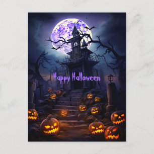 Happy Halloween Skeleton Skull Haunted House  Postcard