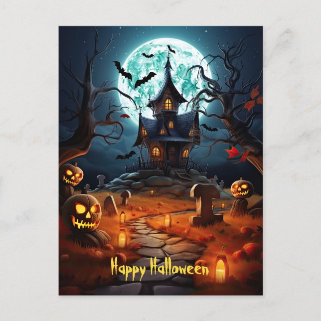 Happy Halloween Skeleton Skull Haunted House  Postcard (Front)
