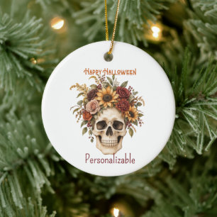 Happy Halloween Skull Fall Flower Arrangement Ceramic Ornament