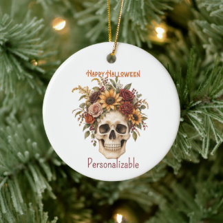 Happy Halloween Skull Fall Flower Arrangement Ceramic Ornament