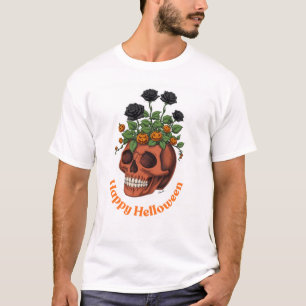 Happy Halloween Skull & Floral Graphic T-Shirt