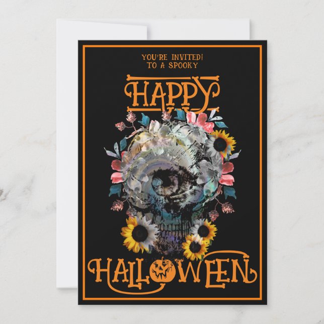 Happy Halloween Skull Floral Party Black Oranges Invitation (Front)