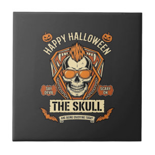 Happy Halloween Skull Mohawk Sunglasses Pumpkins B Ceramic Tile