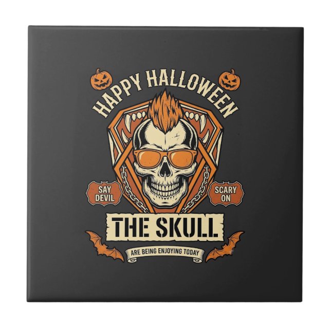 Happy Halloween Skull Mohawk Sunglasses Pumpkins B Ceramic Tile (Front)