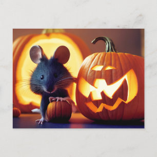 happy Halloween. Small cute mouse with pumpkin Postcard