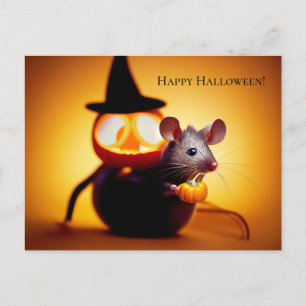 happy Halloween. Small cute mouse with pumpkin Postcard
