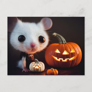 happy Halloween. Small cute mouse with pumpkin. Postcard