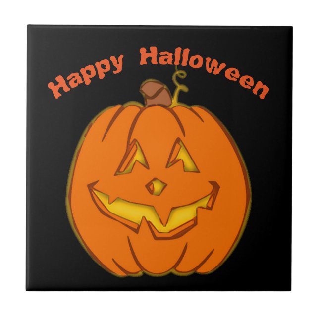 Happy Halloween Smiling Pumpkin Ceramic Tile (Front)