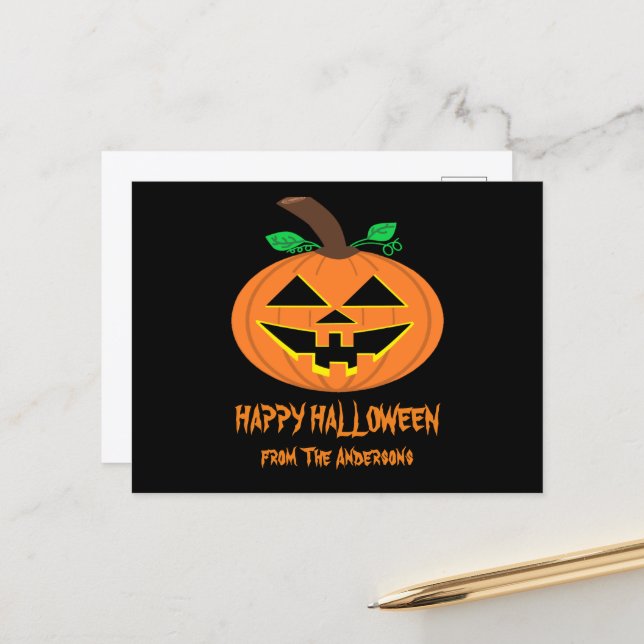 Happy Halloween Smiling Pumpkin Postcard (Front/Back In Situ)