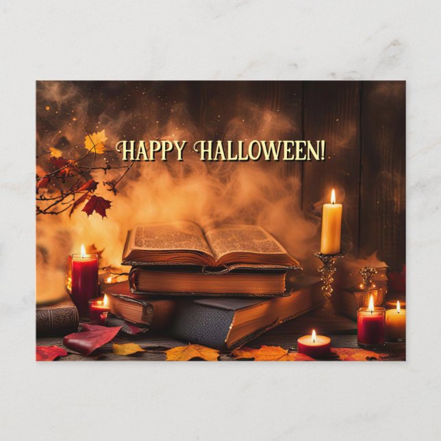 Happy Halloween Spellbooks and Candles Mystical Holiday Postcard (Front)