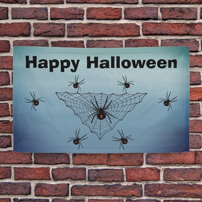 Happy Halloween Spider Web Poison Spider Blue Grey Banner (Crawling black widow spiders triangle shaped web on Happy Halloween banner in shades of blue grey.)
