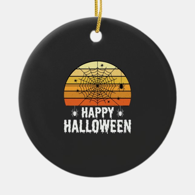 Happy Halloween Spider Web Sunset Design Ceramic Ornament (Front)
