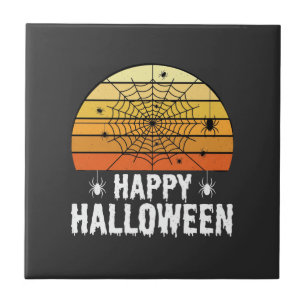 Happy Halloween Spider Web Sunset Design Ceramic Tile