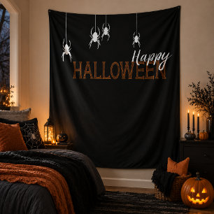 Happy Halloween Spiders Orange Black Typography Tapestry