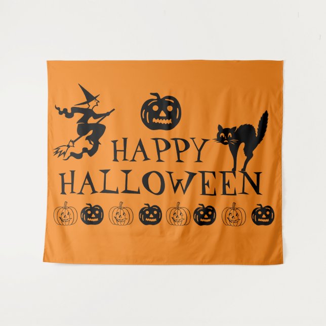 Happy Halloween spooky black and orange decor Tapestry (Front (Horizontal))