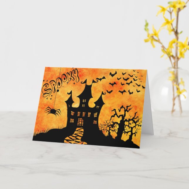 Happy Halloween Spooky Castle Greeting Card (Yellow Flower)