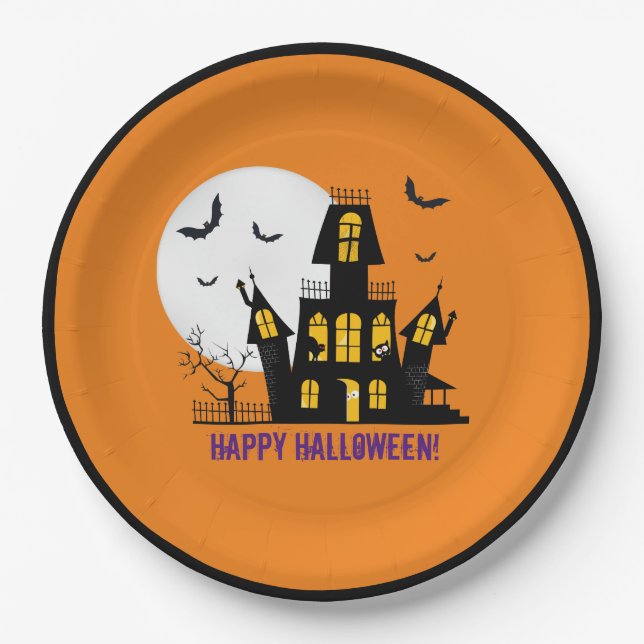 Happy Halloween Spooky Creepy Haunted House Paper Plate (Front)
