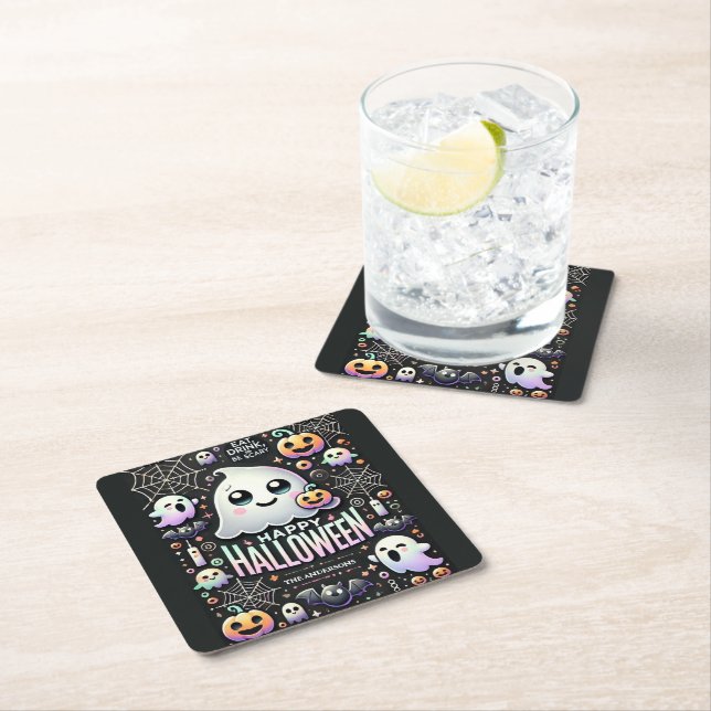 Happy Halloween Spooky Cute Ghost  Square Paper Coaster (Insitu)
