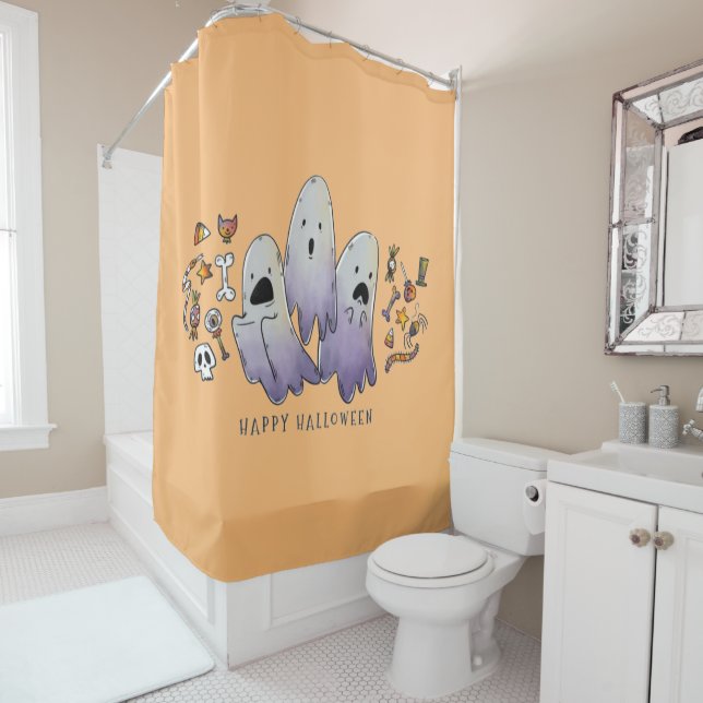 Happy Halloween Spooky Ghost Shower Curtain (In Situ)