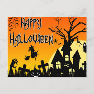 Happy Halloween Spooky Haunted House, Cemetery Holiday Postcard