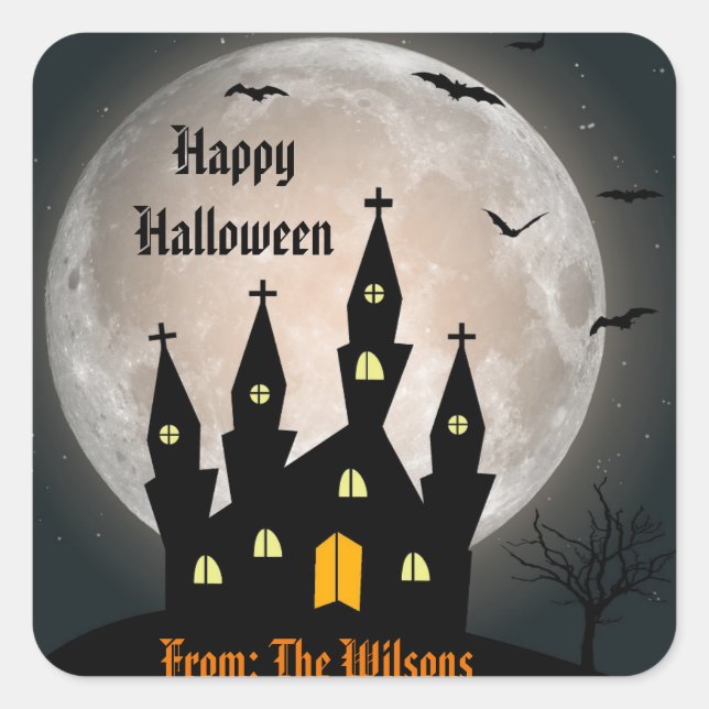 Happy Halloween Spooky Haunted House Moon Bats Square Sticker (Front)