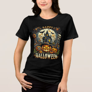Happy Halloween Spooky Haunted House & Pumpkins Tri-Blend Shirt
