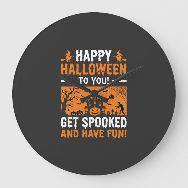 Happy Halloween Spooky Haunted House Quote Large Clock (Front)